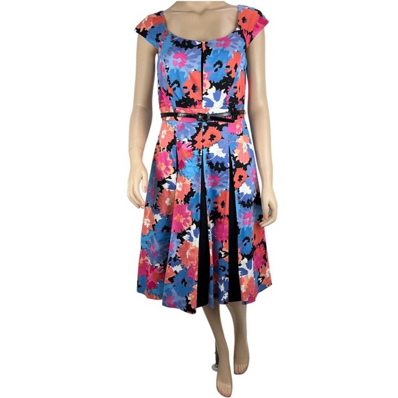 Jax Dresses & Skirts - JAX Colorful Floral Print Belted Cap Sleeve Dress Sz 8 Paneled Skirt